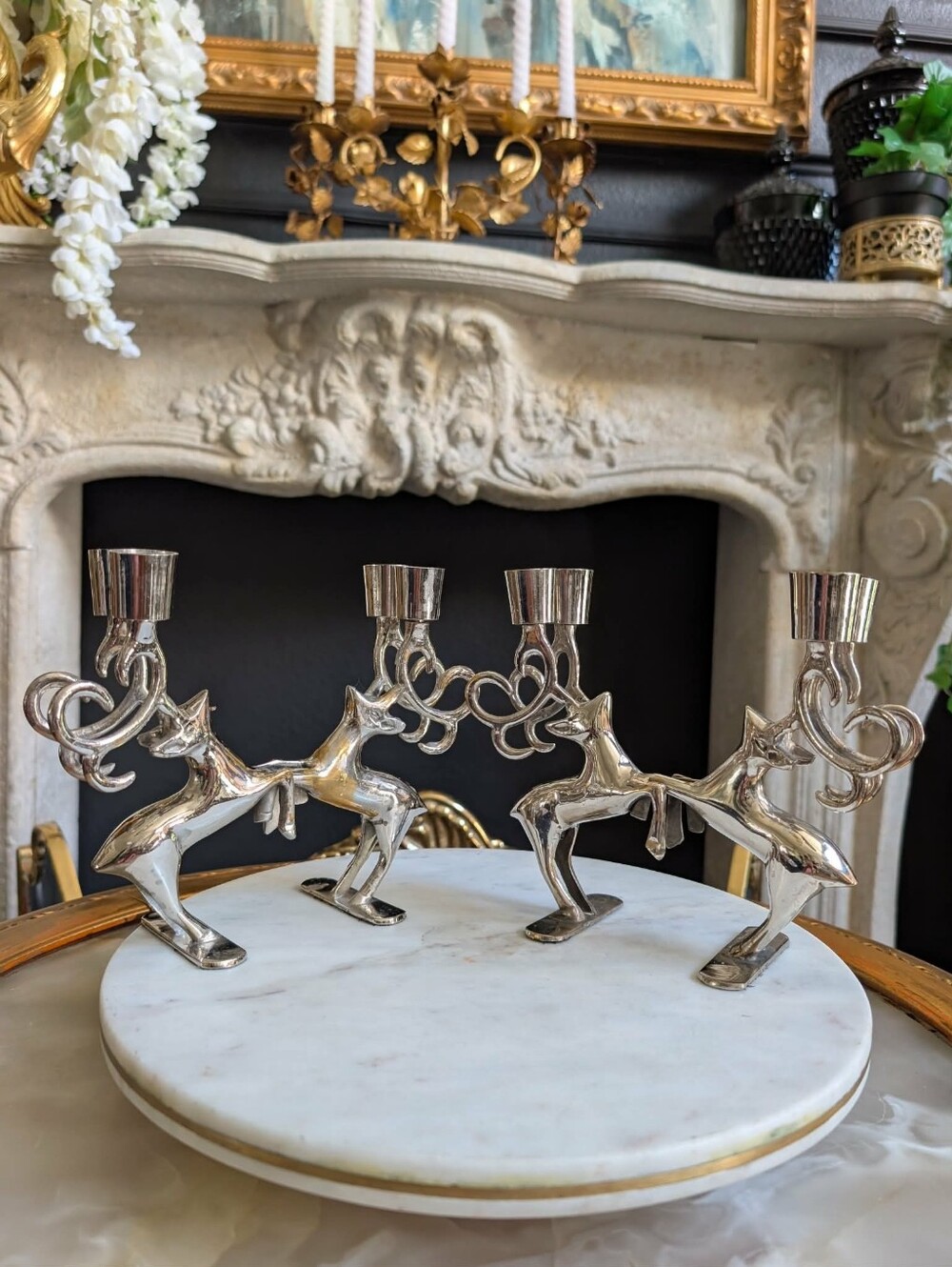 Vintage, set of 2, Silver Plated Leaping Reindeer Candle Holders, Candelabra